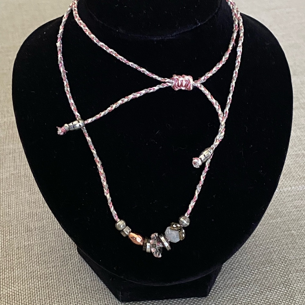 Pink Braided Necklace with Multicolored Gemsones and Beaded Charms Adjustable 27